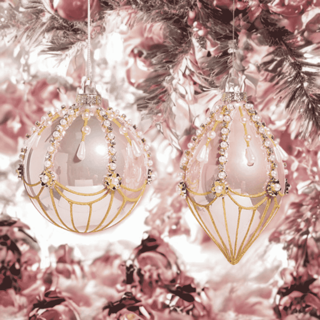 Étoile de Paris Christmas Ornaments – pink and faux pearl glass baubles with gold detail - Round and Finial Shapes