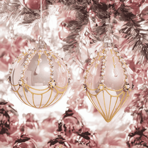 Étoile de Paris Christmas Ornaments – pink and faux pearl glass baubles with gold detail - Round and Finial Shapes