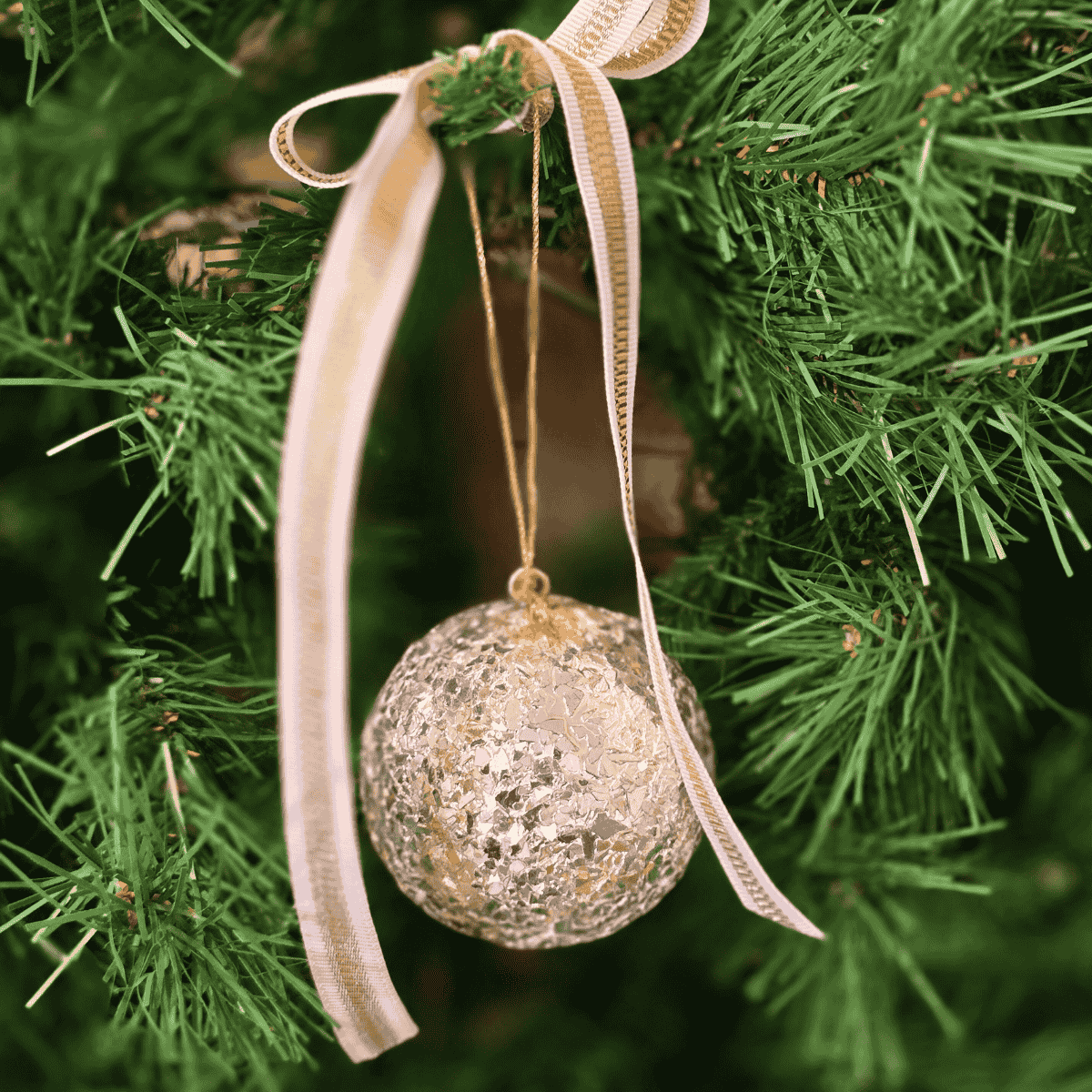 Champagne Christmas Bauble hanging on Christmas tree – Malmaison Noël décor