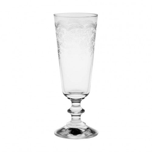 France Floral Etched Crystal Champagne Flutes set of 4 on styled French table