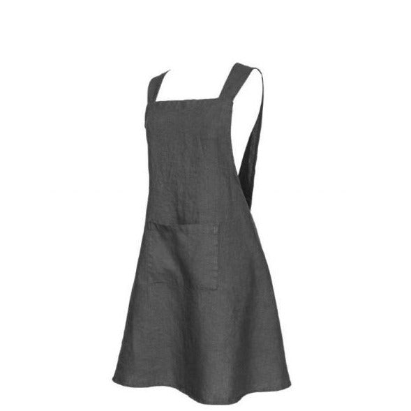 A gray French linen kitchen apron with a large front pocket