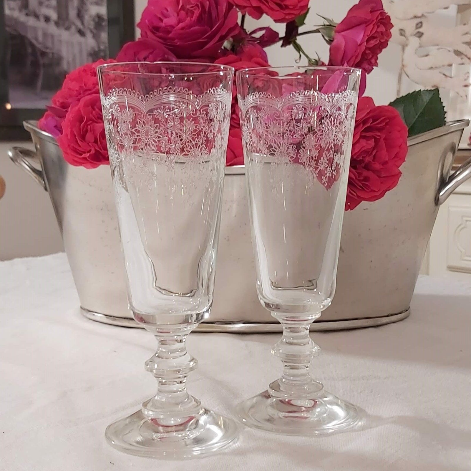 France Floral Etched Crystal Champagne Flutes set of 4 on styled French table