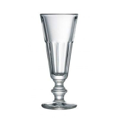 A clear glass Perigord champagne flute with a distinctive hourglass-shaped stem and ridged design.