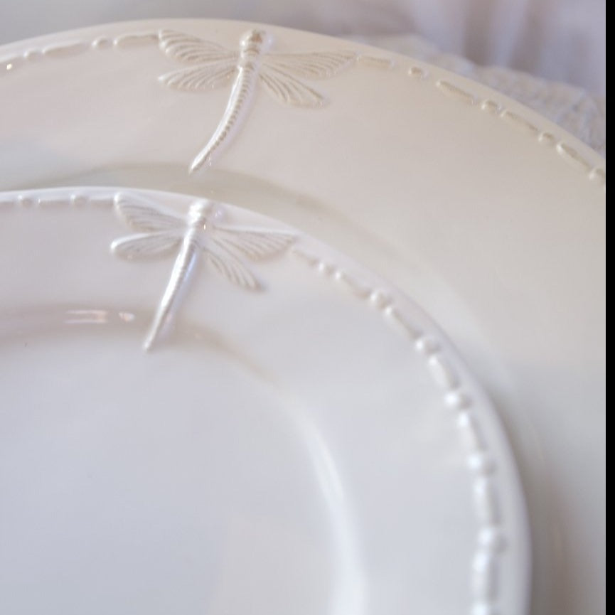 Close-up of embossed dragonfly motif and scalloped edging - Dinner plate